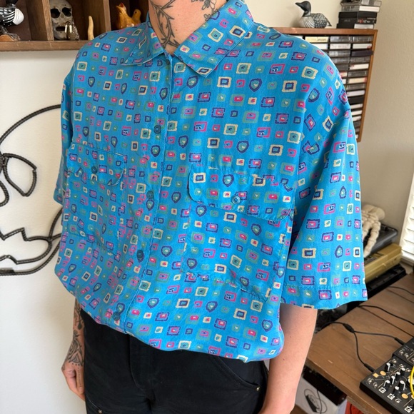 Vintage 80s 90s Blue Silk Multicolor Geometric Abstract S/S Button Down ~ Size L - Picture 2 of 9